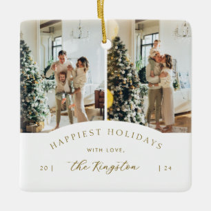 Happiest Holidays Elegant Gold 2 Photo Collage Ceramic Ornament