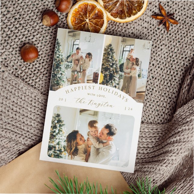 Happiest Holidays | Elegant Gold 3 Photo Collage Holiday Card (Creator Uploaded)