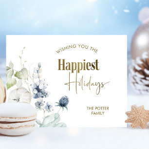 Happiest Holidays, Elegant Modern Winter Greenery Holiday Card