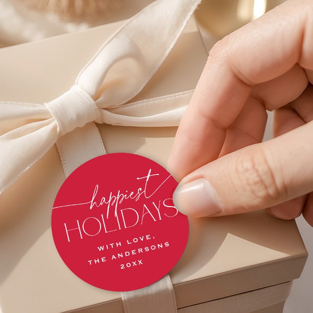 Happiest Holidays Elegant Red Christmas Gift Classic Round Sticker (Creator Uploaded)