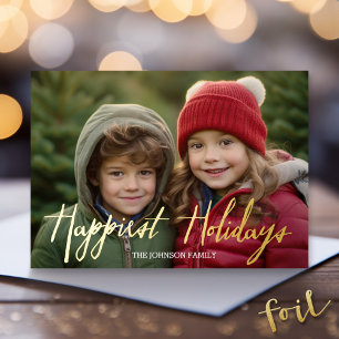 Happiest Holidays Full Photo Script - Plaid Accent Foil Holiday Card
