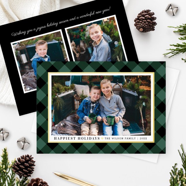 Happiest Holidays Green Buffalo Plaid Photo Gold Foil Holiday Card (Creator Uploaded)