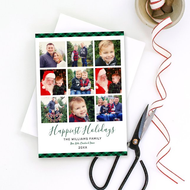 Happiest Holidays Green Plaid Photo Collage Holiday Card (Creator Uploaded)