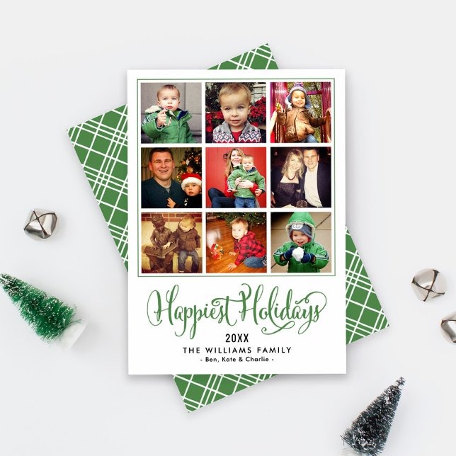 Happiest Holidays Green Script Photo Collage Holiday Card (Creator Uploaded)