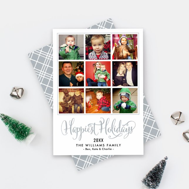 Happiest Holidays Grey Script Photo Collage Holiday Card (Creator Uploaded)