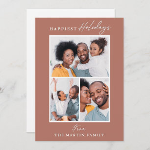 Happiest Holidays Light Orange Three Photo Collage Holiday Card
