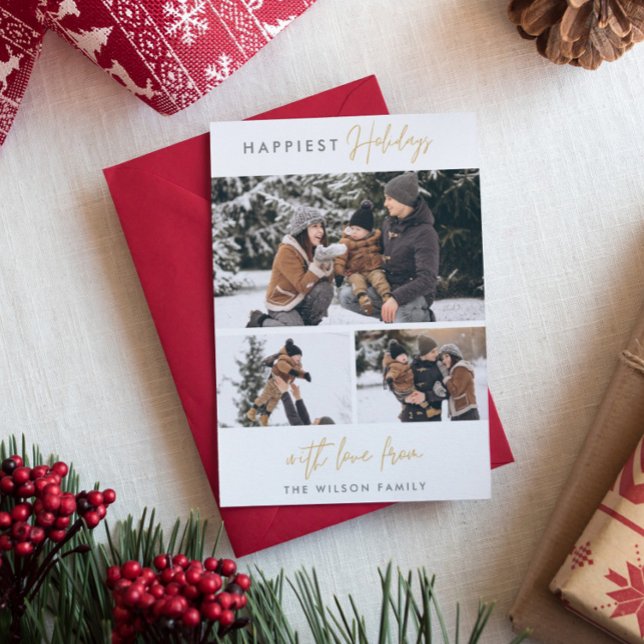 Happiest Holidays | Minimalist Gold 3 Photo Holiday Card (Creator Uploaded)