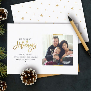 Happiest Holidays Minimalist Gold Modern Photo Holiday Card