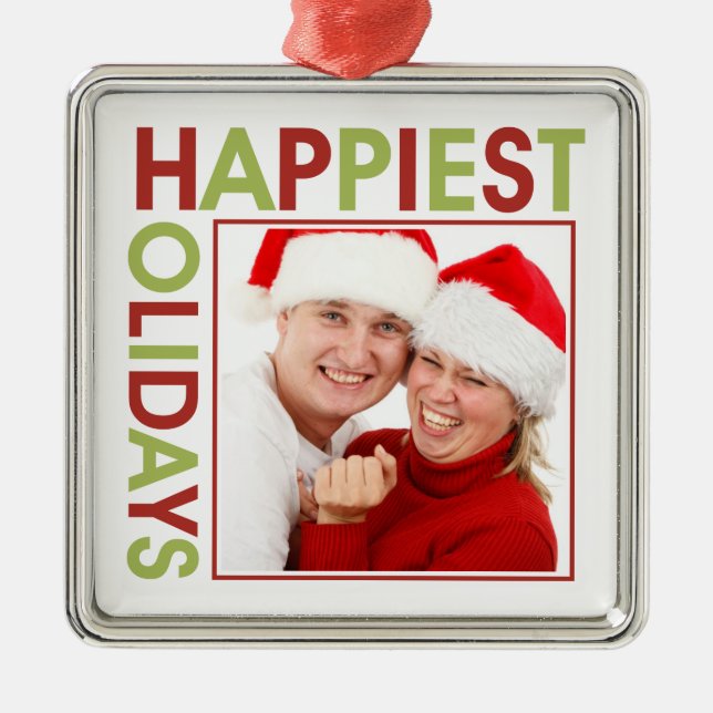 Happiest Holidays modern christmas family photo Metal Tree Decoration (Front)