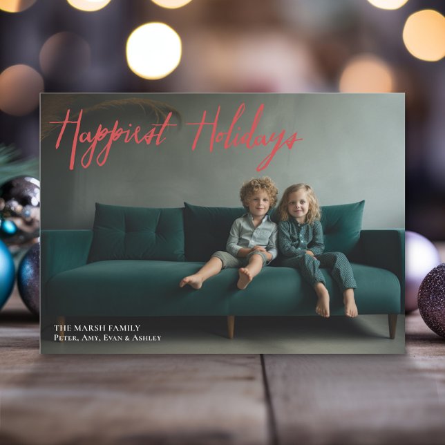 Happiest Holidays Modern Full Photo Christmas Red Holiday Card (Modern Christmas Photo Greeting Card)
