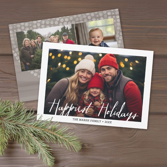 Happiest Holidays Modern Full Photo with Boho Dots Holiday Card (Modern Boho Christmas Card with 3 Photos - Download Option Available)