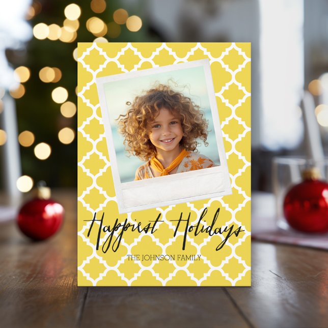Happiest Holidays Modern Quatrefoil Pattern Photo Holiday Card (Holiday Photo Card with Yellow highlights)