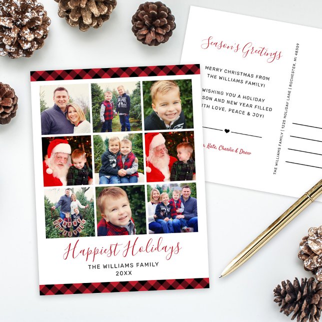 Happiest Holidays Modern Red Buffalo Photo Collage Holiday Postcard (Creator Uploaded)
