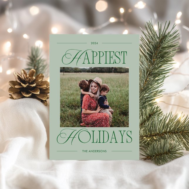 Happiest Holidays Modern Sage Green Photo Holiday Card (Creator Uploaded)