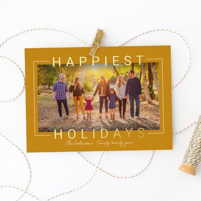 Happiest Holidays Modern Yellow Gold Frame Foil Holiday Card (Creator Uploaded)