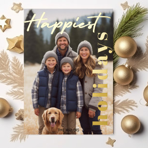 Happiest Holidays Navy Plaid Tartan 1 Photo Modern Foil Holiday Card