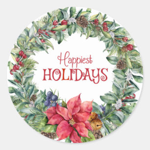 Happiest Holidays Poinsettia Classic Round Sticker