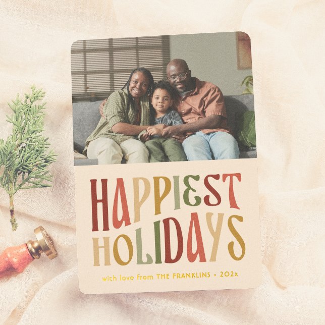 Happiest Holidays Retro Colourful Christmas Photo Foil Holiday Card (Creator Uploaded)