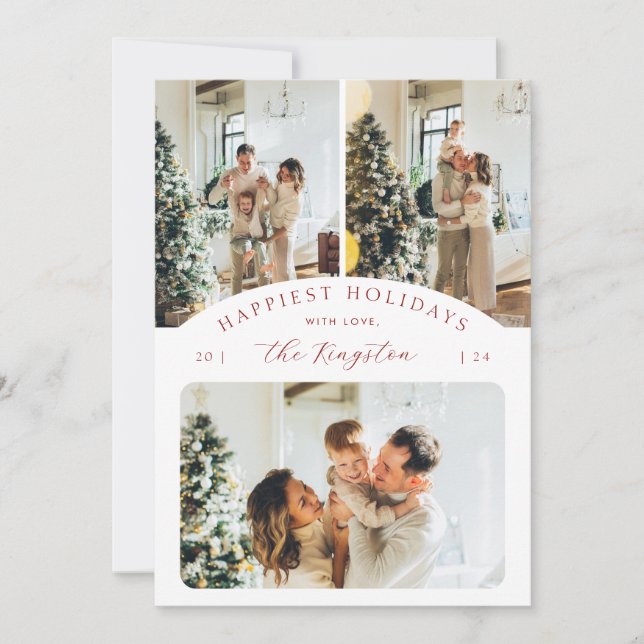 Happiest Holidays | Ruby Red 3 Photo Collage Holiday Card (Front)