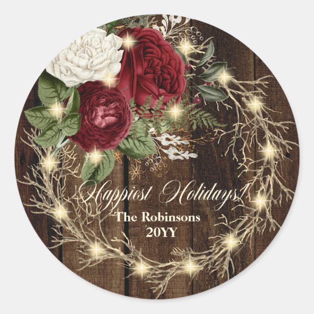 Happiest Holidays - Rustic Woodsy Lighted Wreath  Classic Round Sticker (Front)