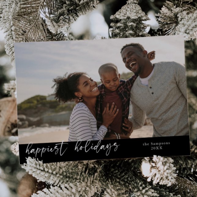 Happiest Holidays Script Black Christmas Photo Holiday Card (Creator Uploaded)