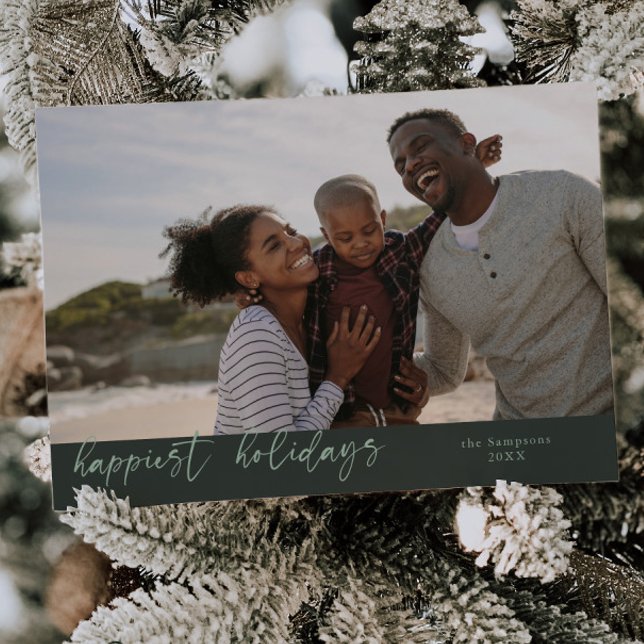 Happiest Holidays Script Green Christmas Photo Holiday Card (Creator Uploaded)