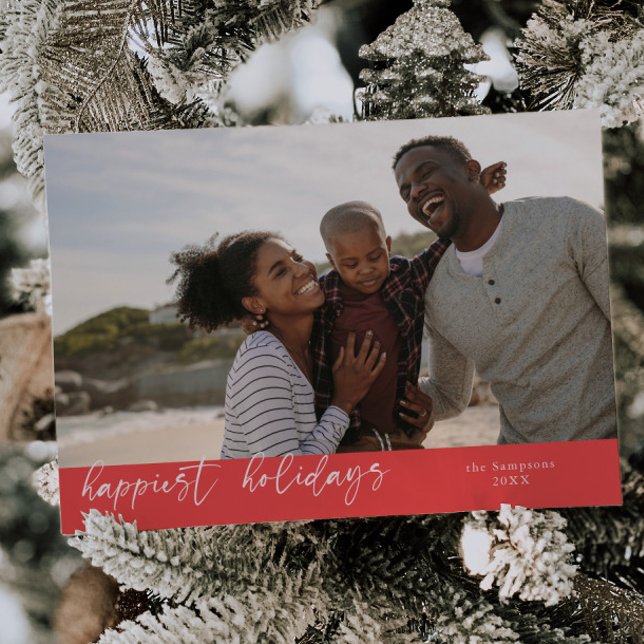 Happiest Holidays Script Red Christmas Photo Holiday Card (Creator Uploaded)