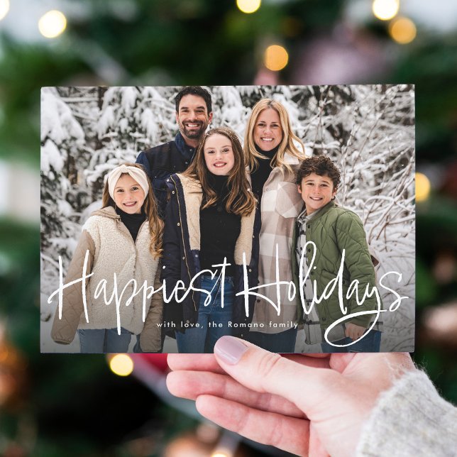 Happiest holidays simple fun script photo green holiday card (Creator Uploaded)