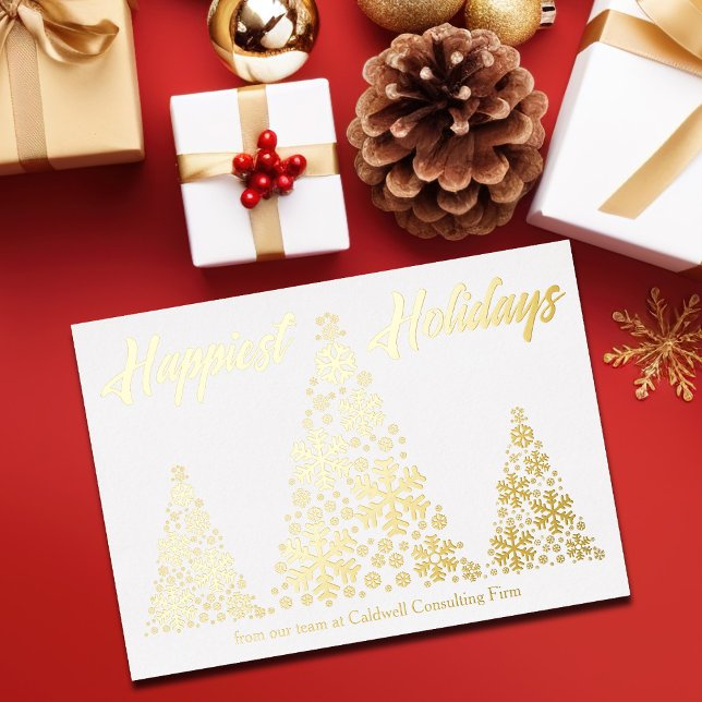 Happiest Holidays Snowflake Trees Company Gold Foil Holiday Card (Creator Uploaded)