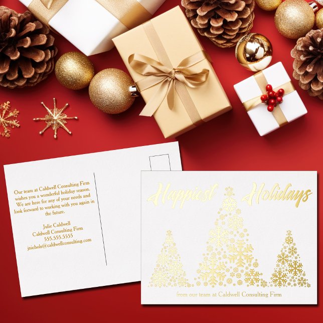 Happiest Holidays Snowflake Trees Company Gold Foil Holiday Postcard (Creator Uploaded)