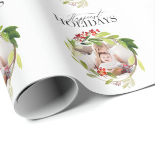 Happiest Holidays watercolor foliage photo Wrapping Paper