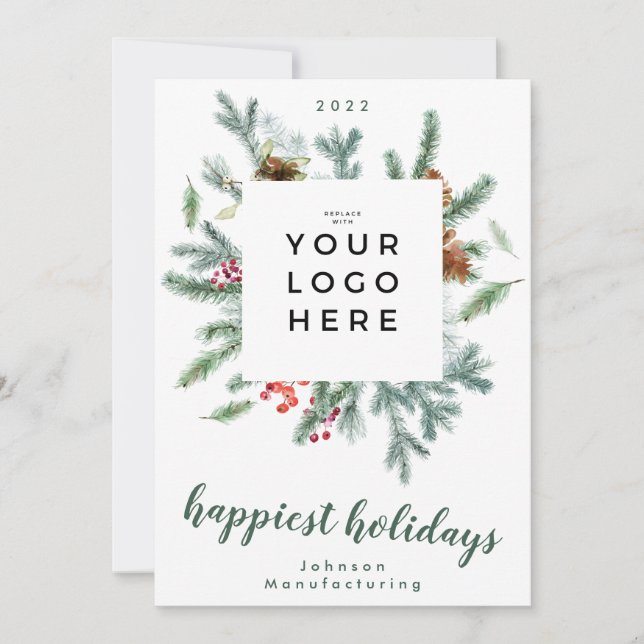 Happiest Holidays Wreath | Your Business Logo | Holiday Card (Front)