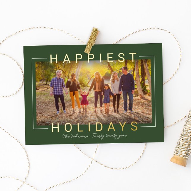 Happiest Modern Gold Text Green Photo Foil Holiday Card (Creator Uploaded)