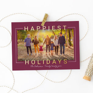 Happiest Modern Gold Text Wine Red Photo Foil Holiday Card