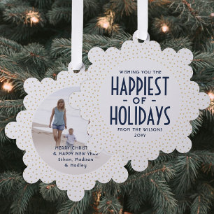 Happiest of Holidays Navy & Gold Confetti Photo Tree Decoration Card