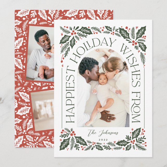 Happiest Wishes Arch Holly Berry 3 Photo Collage Holiday Card (Front/Back)