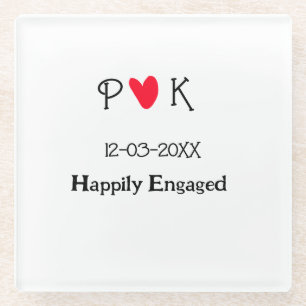 Happily Engaged add couple name letter date year h Glass Coaster