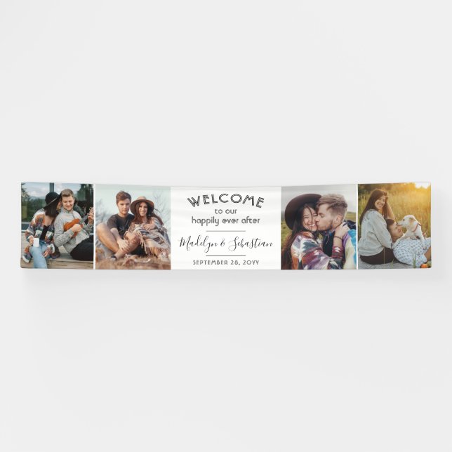 Happily Ever After 4 Photo Elegant Wedding Welcome Banner (Horizontal)