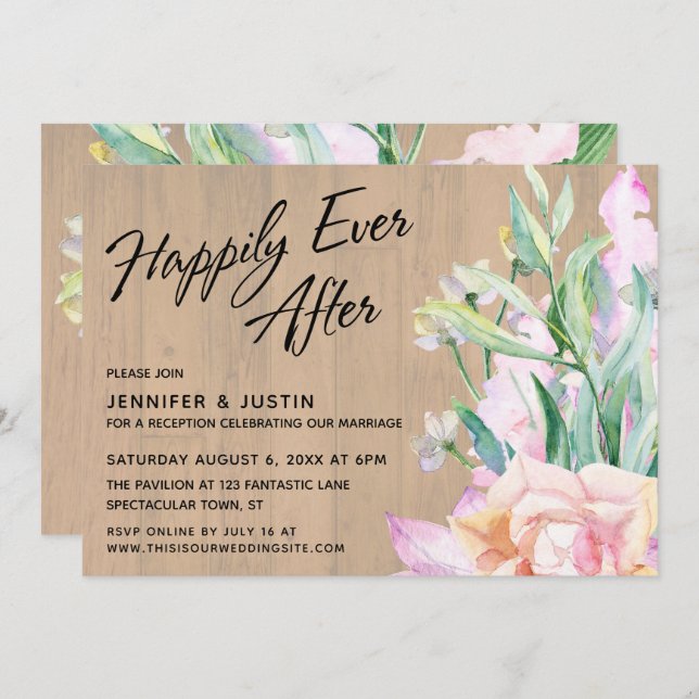Happily Ever After Artistic Watercolor Floral Wood Invitation (Front/Back)