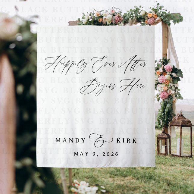 Happily Ever After Begins Here Wedding Backdrop  Tapestry (happily ever after wedding backdrop banner)