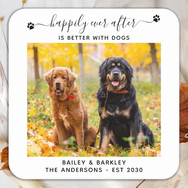 Happily Ever After Better With Dogs Pet Wedding Square Paper Coaster (Creator Uploaded)