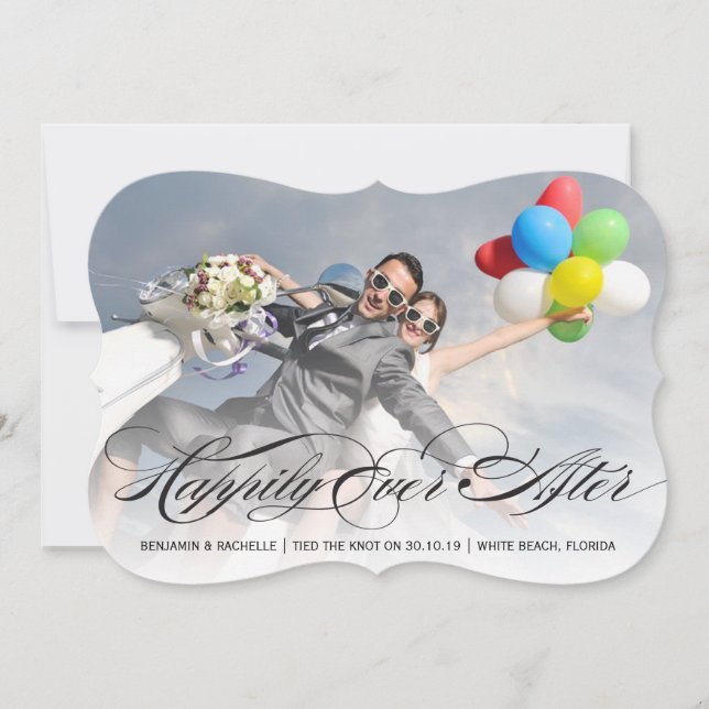 Happily Ever After Black Calligraphy Photo Wedding Announcement (Front)