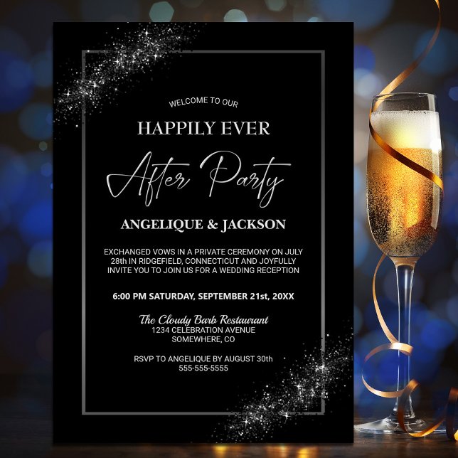 Happily Ever After Black Glitter Wedding Reception Invitation (Creator Uploaded)