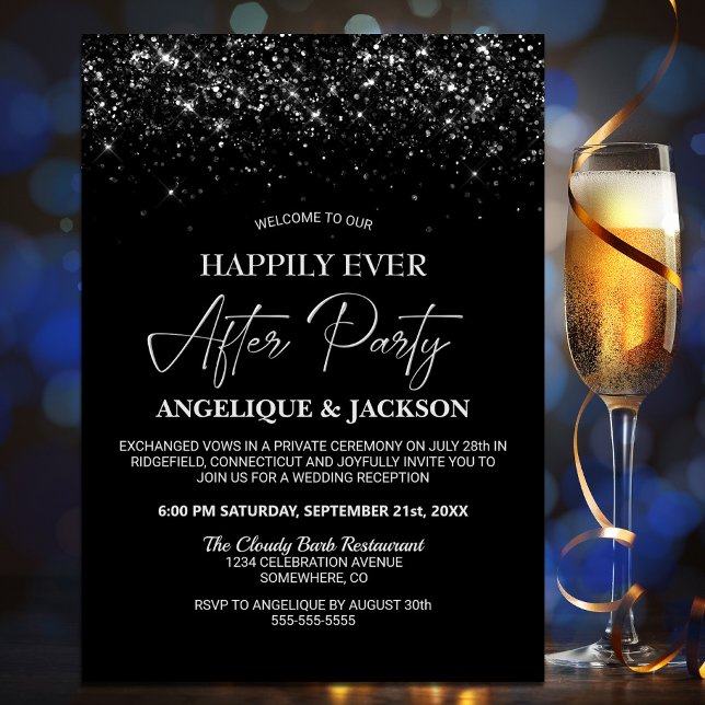 Happily Ever After Black Glitter Wedding Reception Invitation (Creator Uploaded)