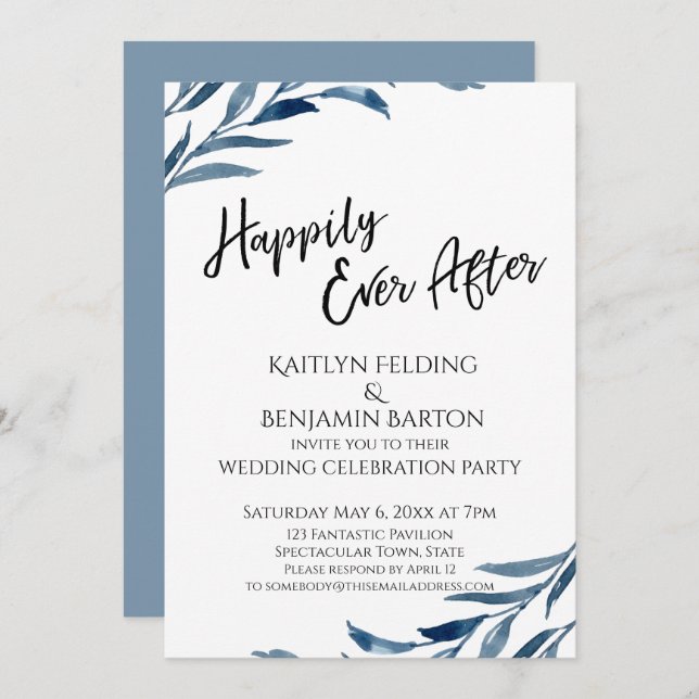 Happily Ever After Blue Leaves Reception-Only Invitation (Front/Back)
