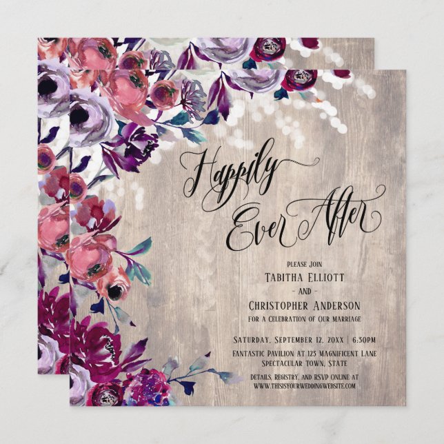 Happily Ever After Bold Flowers Pale Wood & Lights Invitation (Front/Back)