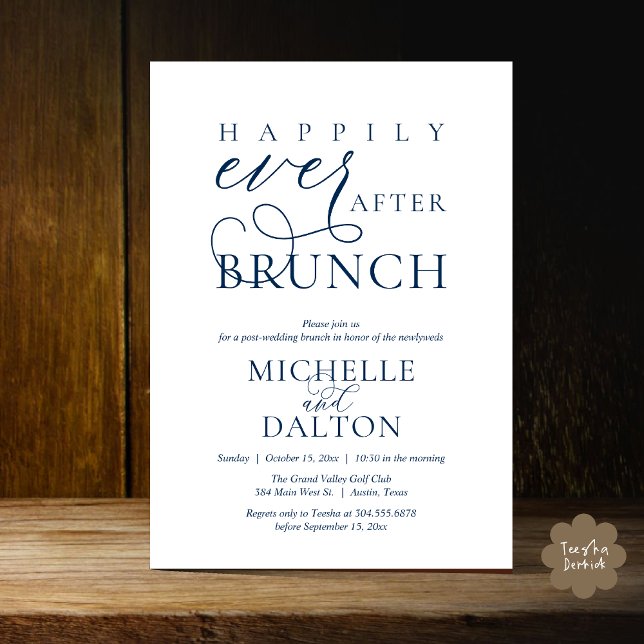 Happily Ever After Brunch Beautiful Post Wedding Invitation (Happily Ever After Brunch Invitation Card PDF Wedding Elopement Modern Romantic Classy Navy Blue)