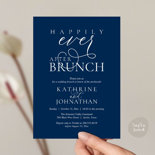 Happily Ever After Brunch Post Wedding Elopement Invitation (Happily Ever After Brunch Post Wedding Elopement Reception Invitation Card in Navy Blue)