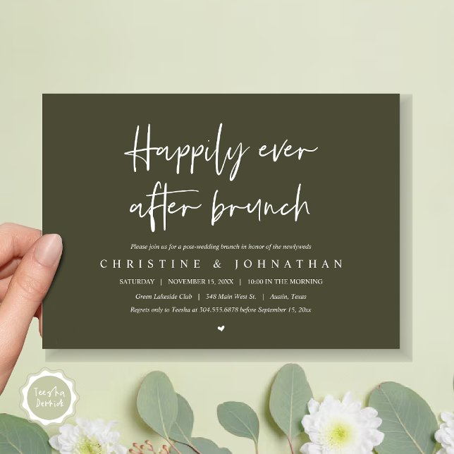 Happily ever after brunch, post wedding invitation (Happily ever after brunch party, post wedding invitation card, pdf, in timeless olive green)