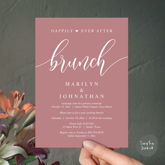 Happily Ever After Brunch, Post Wedding Invitation (Happily Ever After Brunch, Wedding Party Invitation Card PDF Modern Beautiful Dusty Rose Pink)
